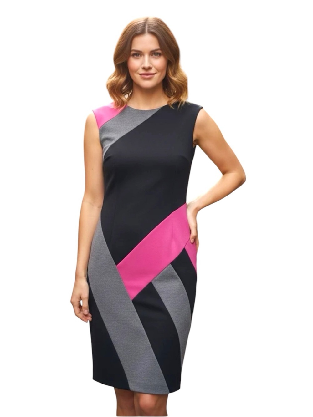 Maggy L Color Block Sheath Dress Size 6 Pink Grey Black Geometric Work Party